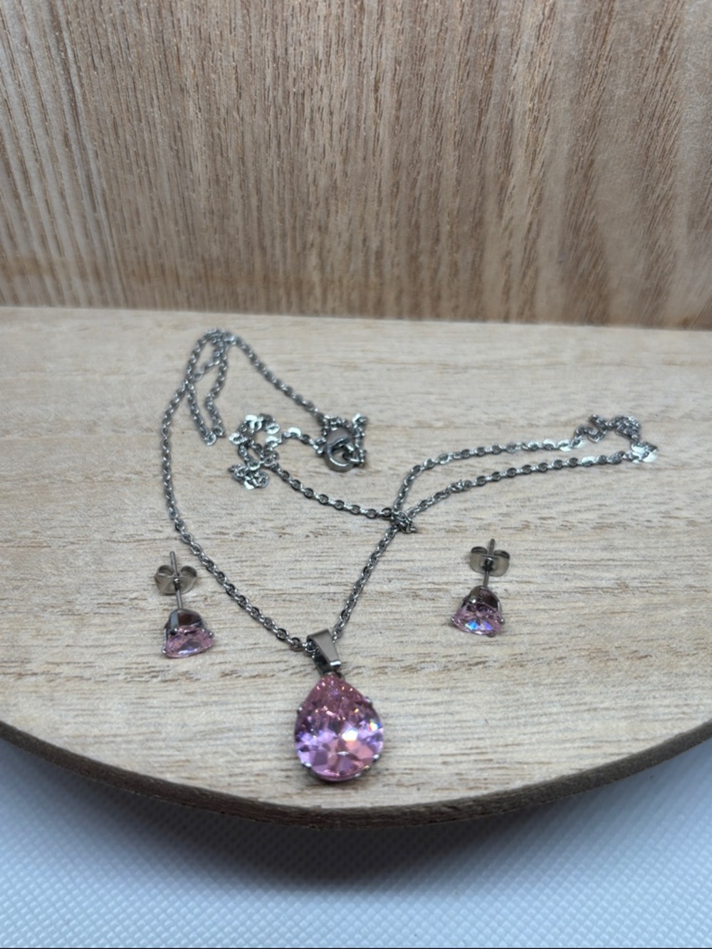 Sterling Silver Pink Teardrop Necklace & Earrings Set